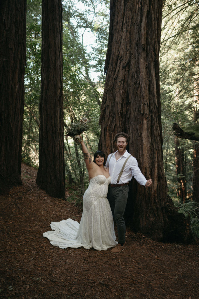 Celebrating after saying I DO in the California Redwoods
