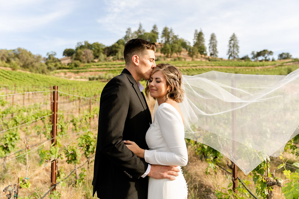 bride and groom in Italian vineyard