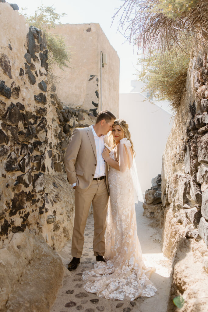 Bride and groom in Downtown Santorini
