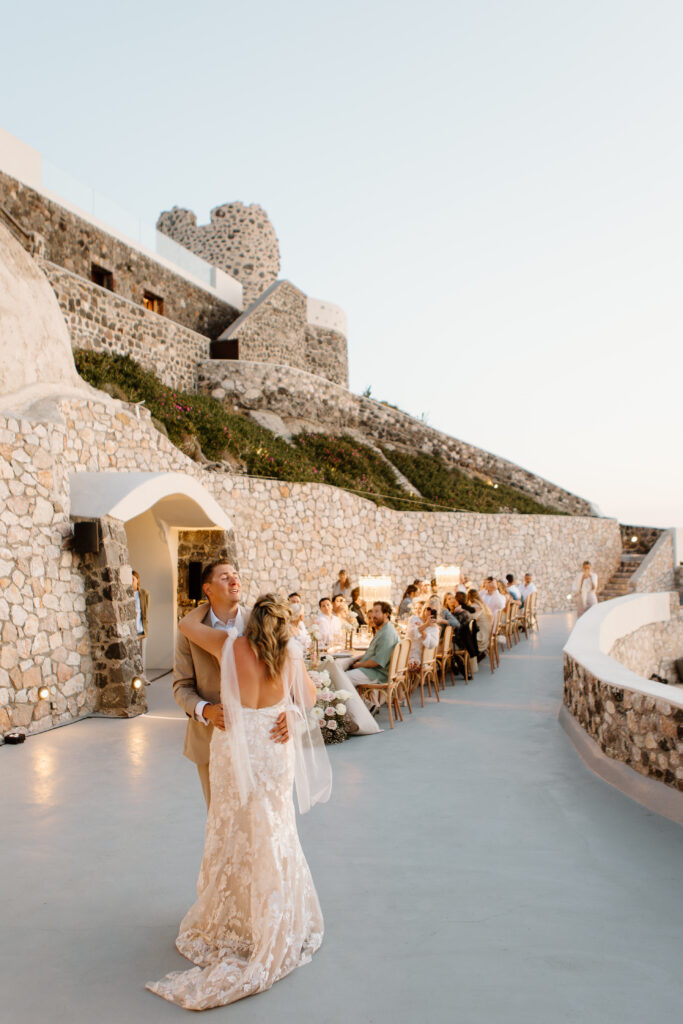 Destination Santorini wedding Bride and groom first dance 