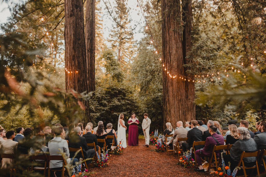 Couple exchanging vows among the redwood trees at AutoCamp.