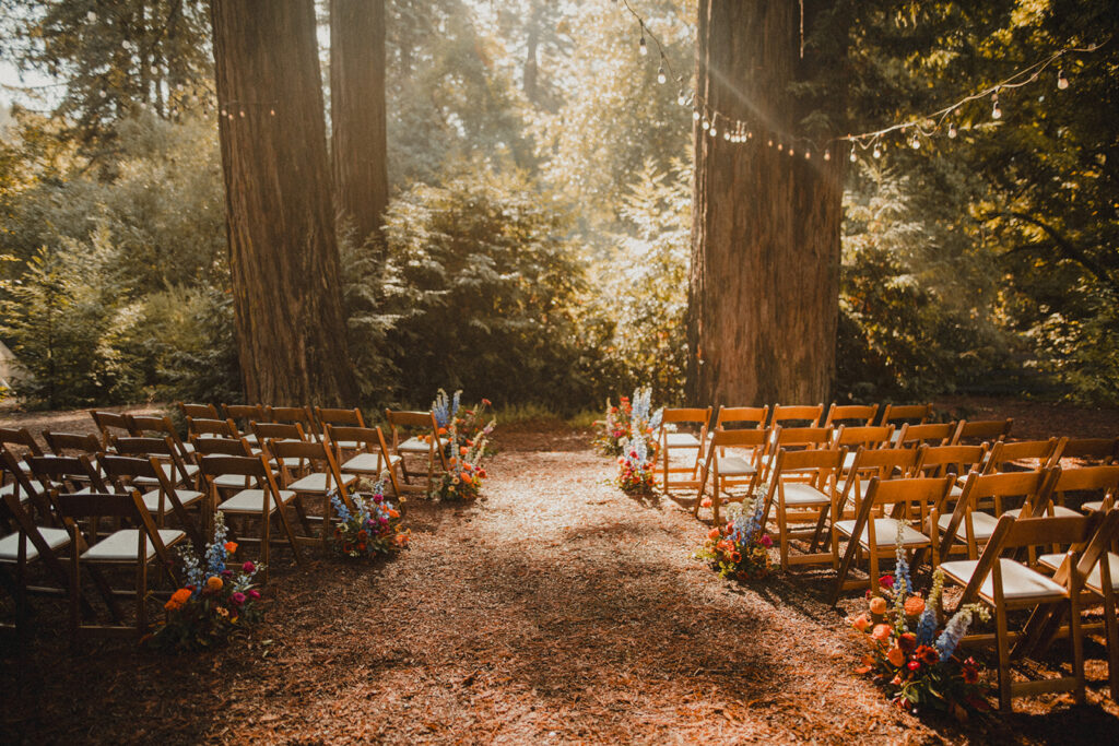 Ceremony setup among the redwoods for an intimate Sonoma wedding weekend.
